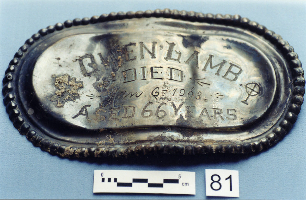 Celtic name plate from a coffin.