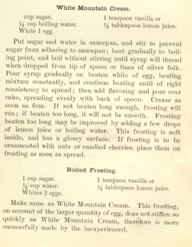 White Mountain Cream and Boiled Frosting The Boston Cooking-School Cookbook Fannie Farmer 1896